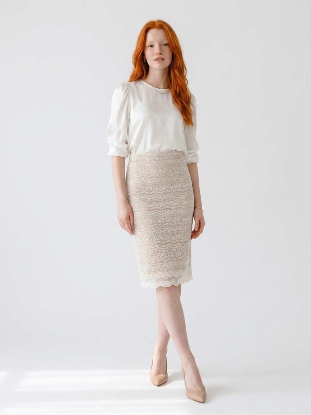 Women's White Lace Midi Skirt